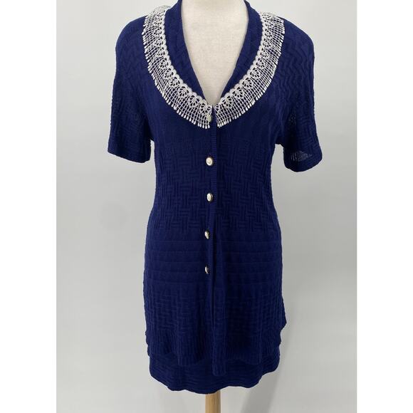 Vintage 2 Piece Skirt Set Crochet Knit Lace Trim Button Front Navy Blue XS/Small - Picture 3 of 12